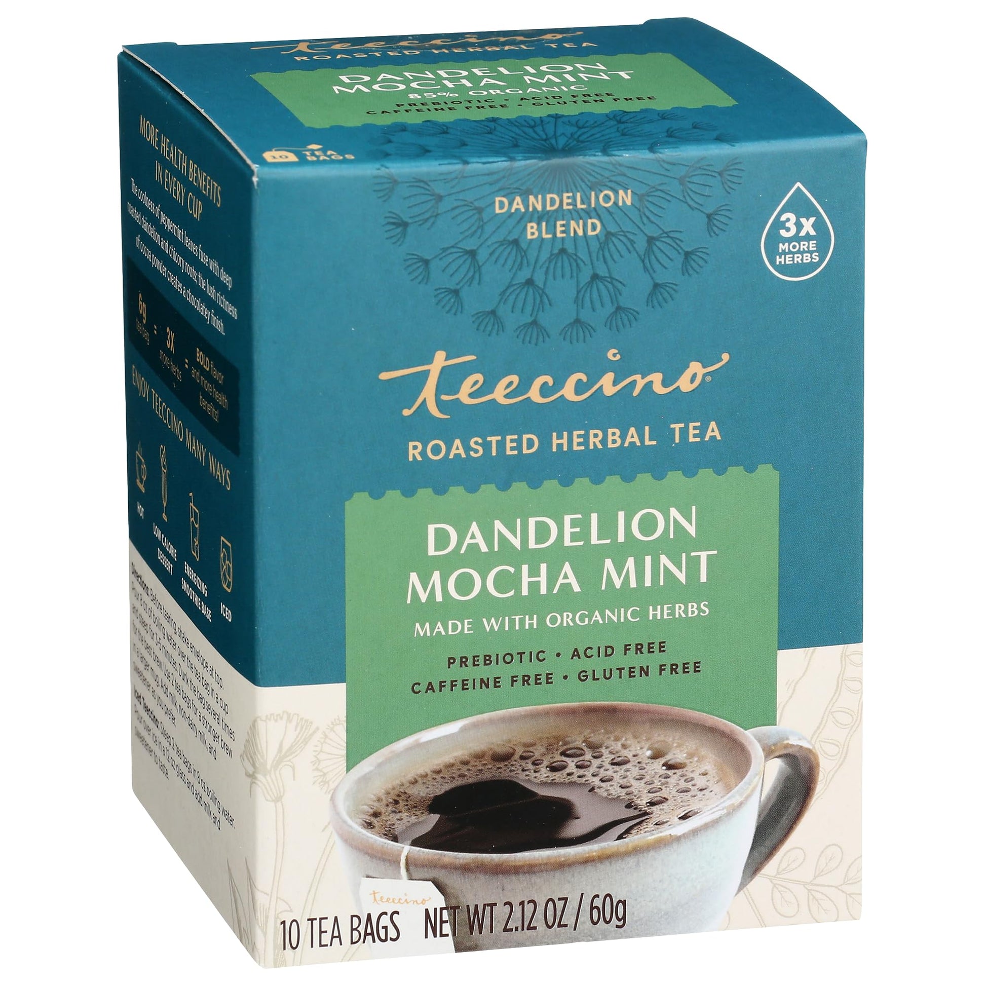Teeccino Dandelion Mocha Mint Herbal Tea - Caffeine Free, Gluten Free - 10 Tea Bags, Model TEE43310