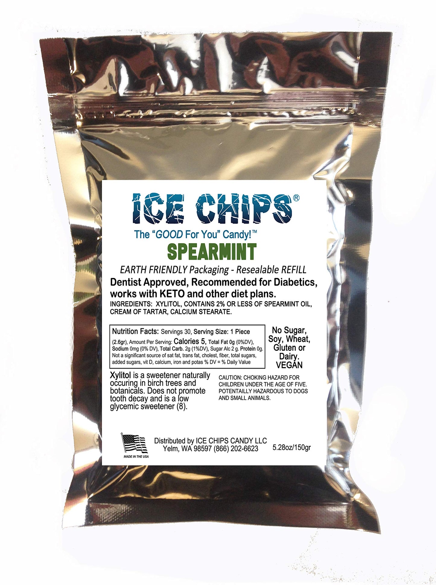 Ice Chips Xylitol Candy In Large 5.28 Oz Resealable Pouch; Low Carb & Gluten Free (Spearmint)