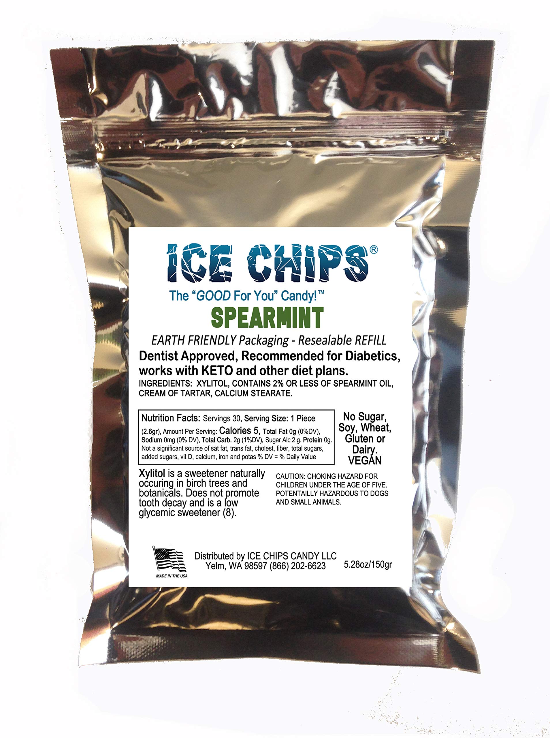 Ice Chips Xylitol Candy In Large 5.28 Oz Resealable Pouch; Low Carb & Gluten Free (Spearmint)