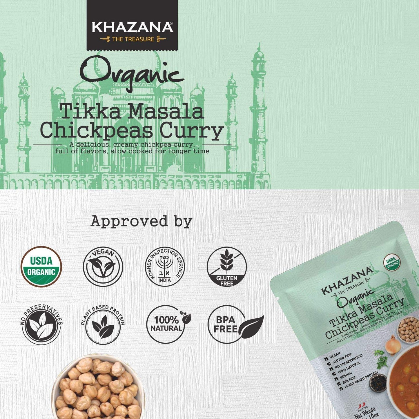Khazana Organic Ready To Eat Meals - Tikka Masala Chickpeas Curry (Pack Of 6, 10Oz Pouches) - Non-Gmo, Vegan, Gluten Free & Kosh