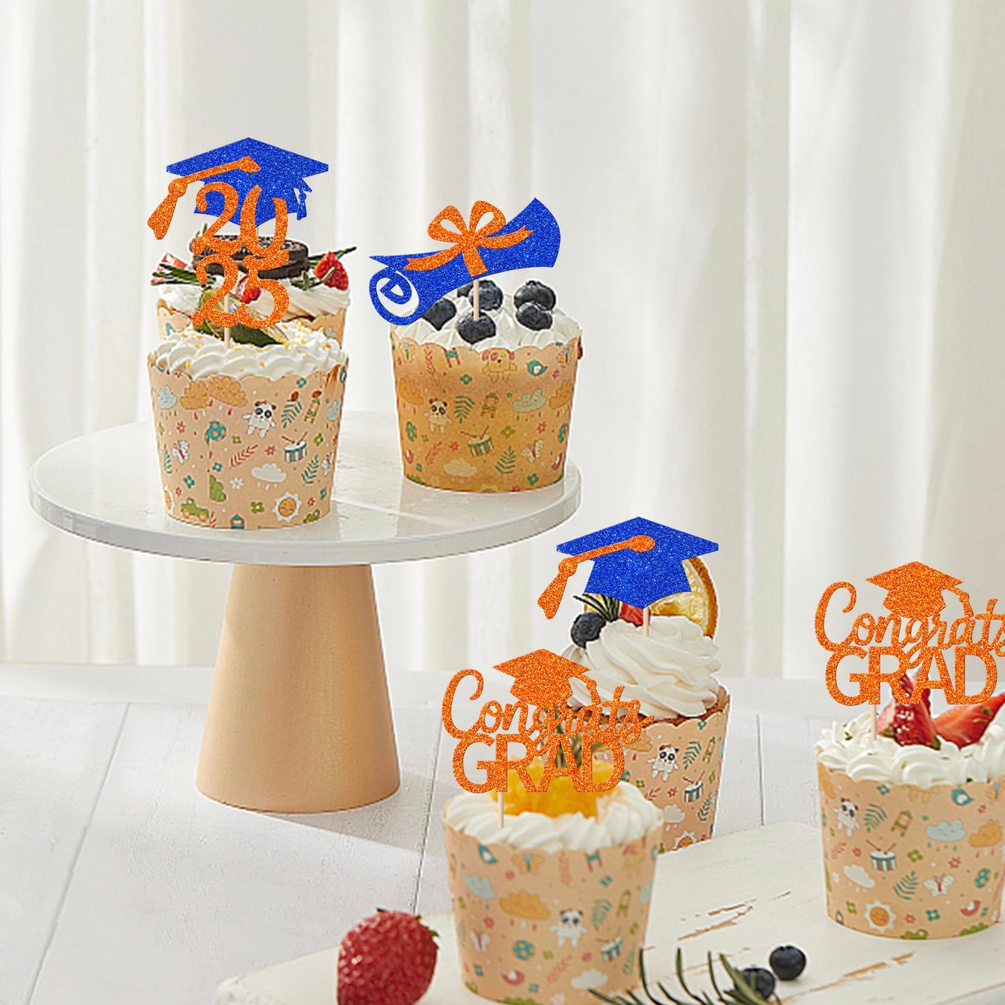 Rssta i Graduation Cupcake Toppers, 36 Pack, Paper, Orange Blue, Class of 2025 Cake Decorations, Diploma Cap Food Picks
