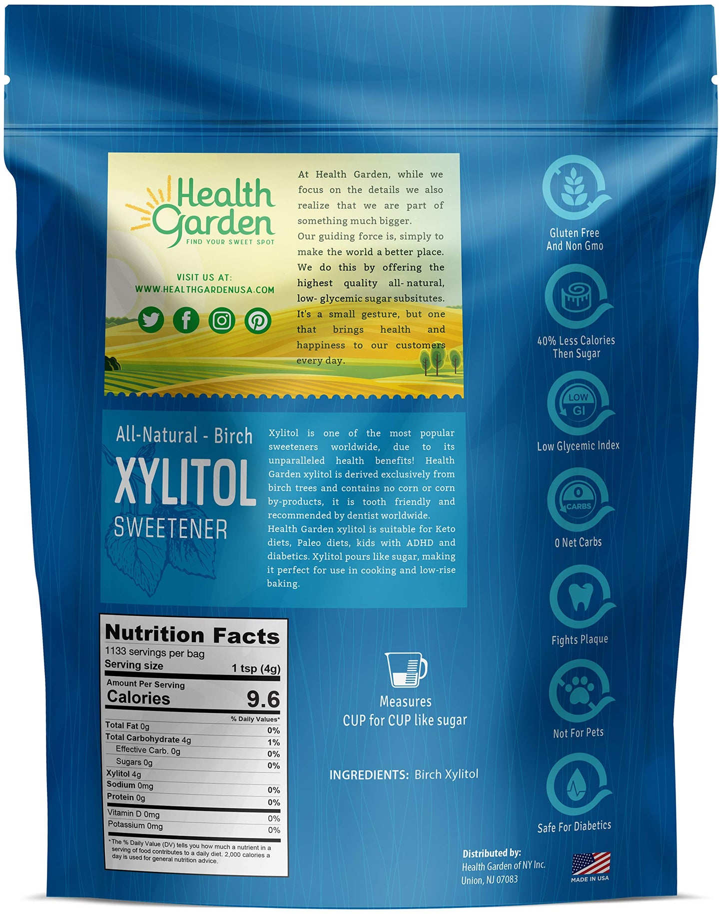 Health Garden Birch Xylitol Sweetener - Non GMO - Kosher - Made in the U.S.A. - Keto Friendly (10 lbs)