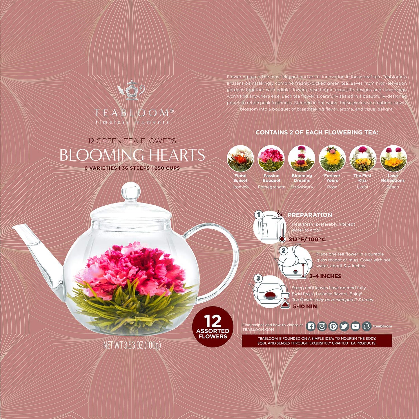 Teabloom Heart-Shaped Flowering Teas - 12 Assorted Blooming Tea Flowers - Green Tea + Jasmine, Pomegranate, Strawberry, Rose, Li