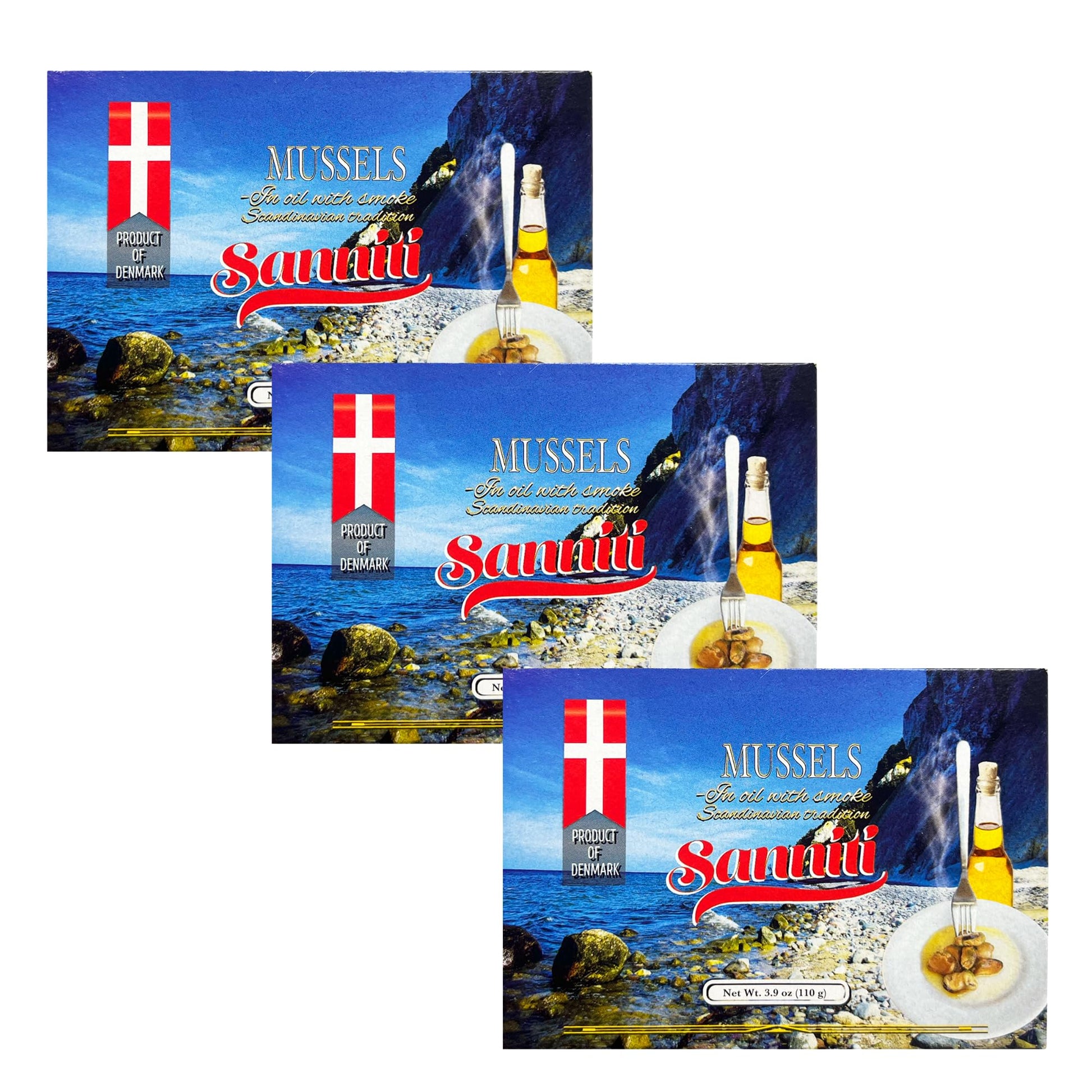 Sanniti Smoked Mussels in Oil, 3.9 oz, Scandinavian Tradition, Pack of 3, Product of Denmark