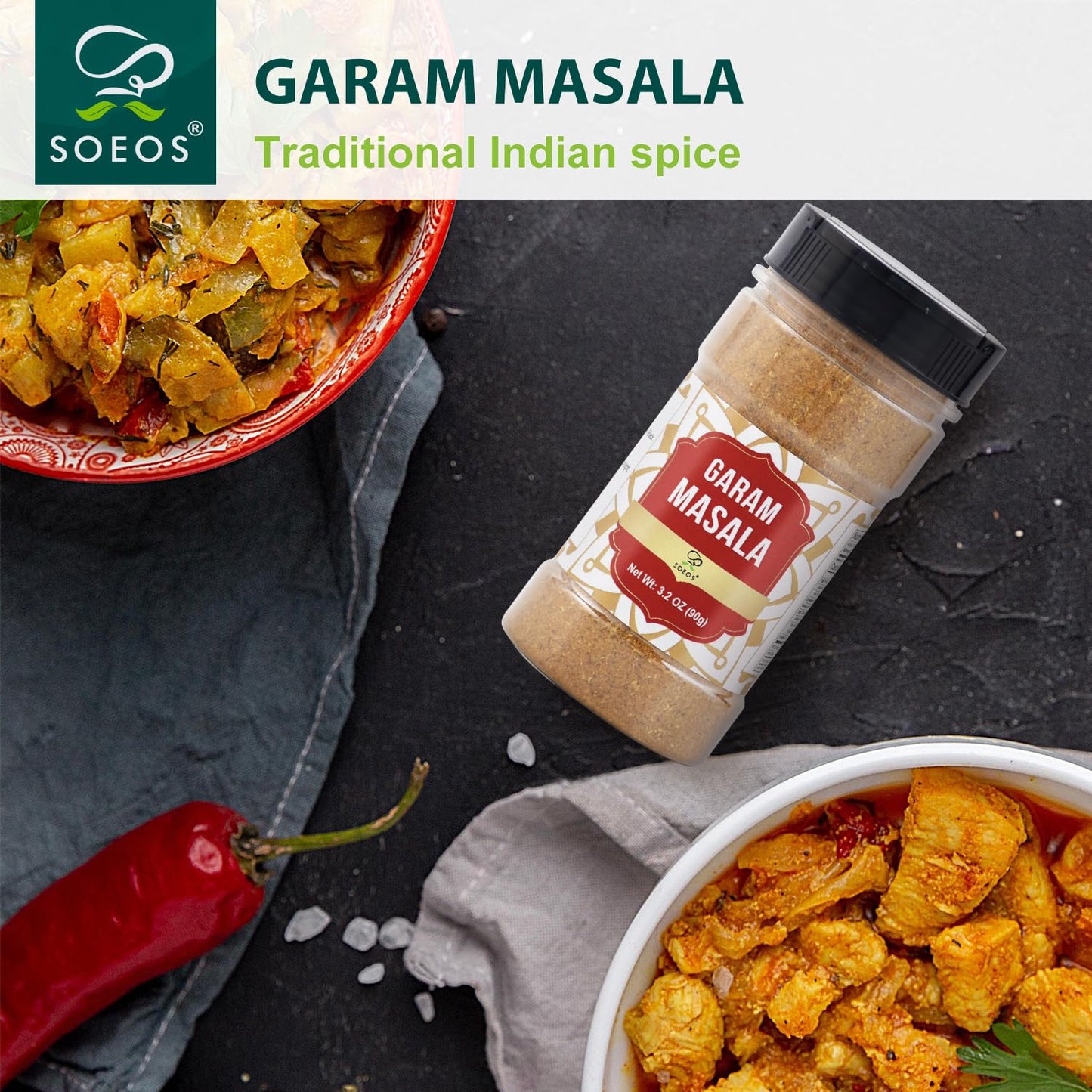 Soeos Garam Masala, 3.2 Oz (90G), Garam Masala Spice Powder, All Natural, Vegan, No Colors, Kosher, Indian 8-Spice Blend, Masala Seasoning