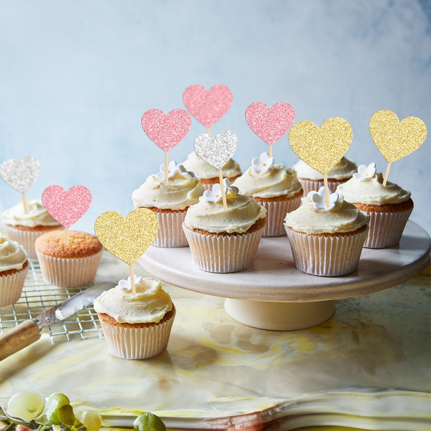 Gyufise Heart Cupcake Toppers, 30Pcs Glitter Picks for Valentines Day, Gold Pink Silver, Paper, Model ZN0555-MU1