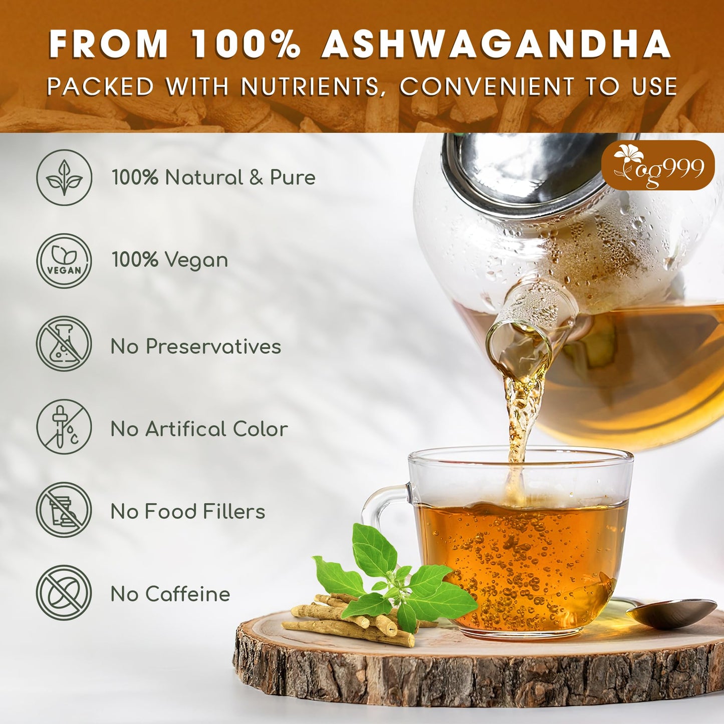 TOG999  enhanced 60 Ashwagandha Root Tea Bags  100% Natural & Pure  Ashwagandha Root Herbal Tea. No Sugar  No Caffeine  No Gluten  Vegan.