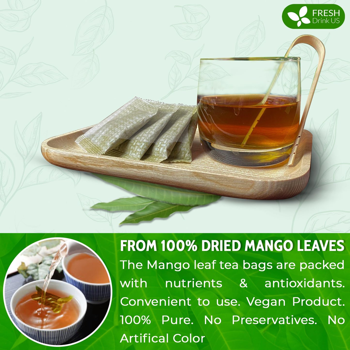 FRESHDRINKUS Mango Leaf Tea Bags - 100% Natural Herbal Tea, Vegan, No Caffeine, 15 Bags