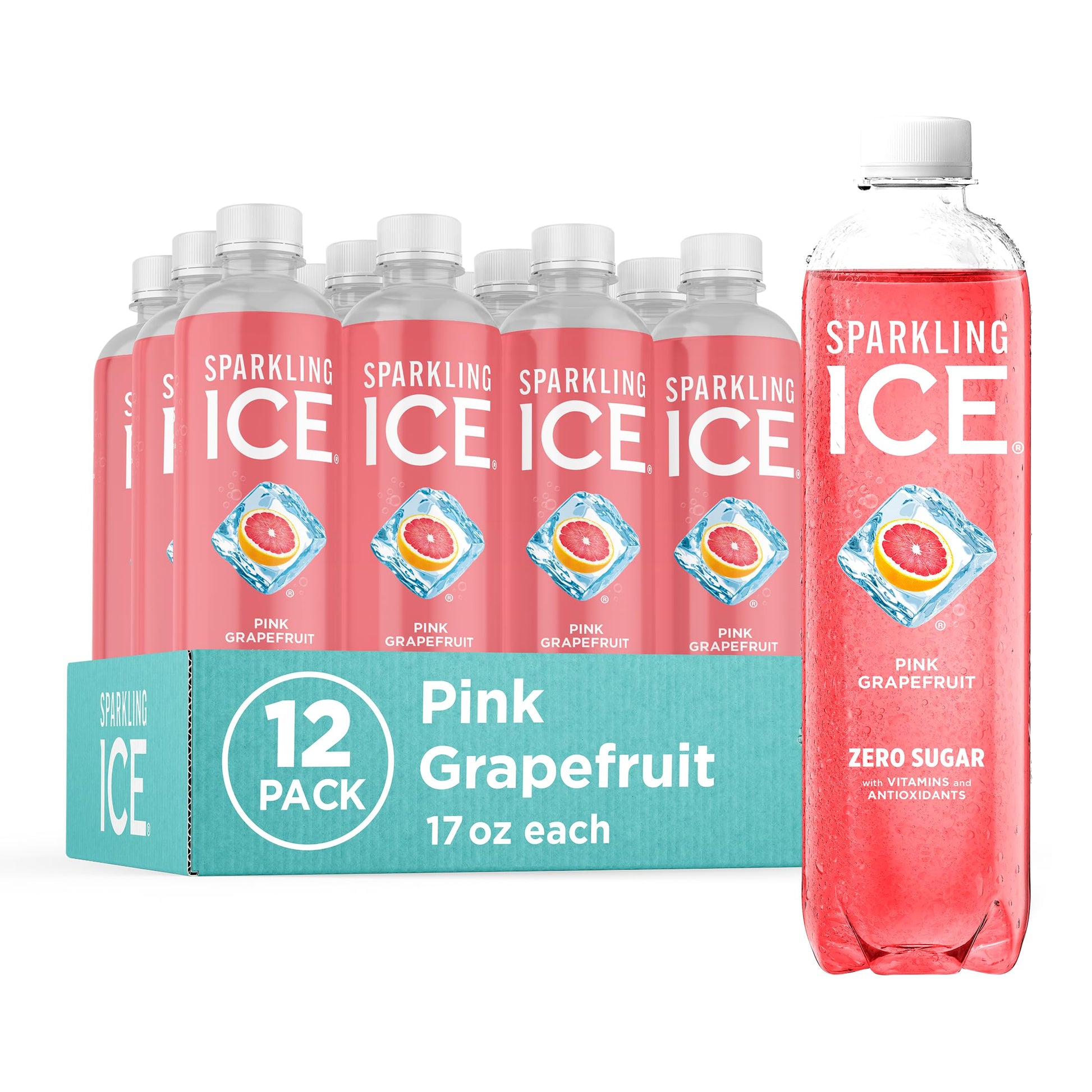 Sparkling Ice Pink Grapefruit Sparkling Water, Zero Sugar, 17 fl oz Bottles, Pack of 12
