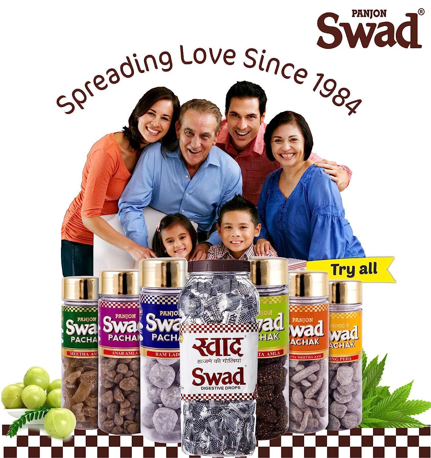 Swad Mixed Flavours Chatpati Goli Candy Jar – 150 Hard Candies With Kaccha Aam Imli Meetha Paan Cola Orange Coffee Original Flavors – Tangy Sweet Indian Candy, Childhood Favorite Treat