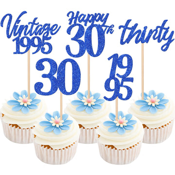 30PCS Happy 30th Birthday Cupcake Toppers Cheers to 30 Vintage 1995 Cupcake Picks Hello 30 Thirty 30th Birthday Decorations for 