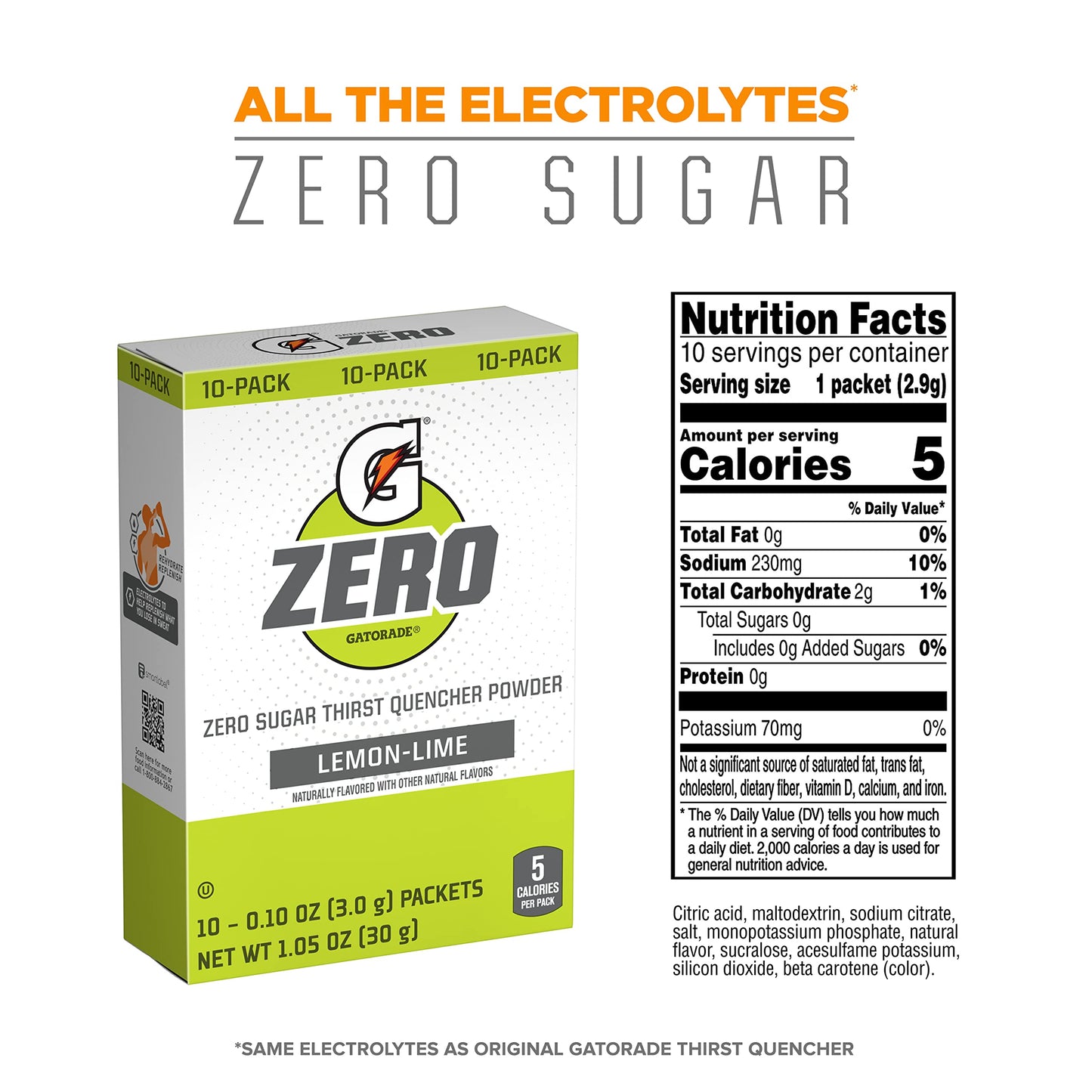 Gatorade G Zero Sports Drink Mix Powder Packets, Lemon Lime, Electrolyte Powder Drink Mix for Hydration, Zero Sugar, Total 120 P