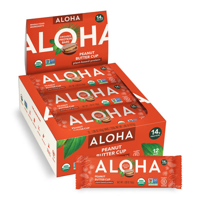 ALOHA Organic Plant Based Protein Bars - Peanut Butter Cup Bar - 12 Bars, Vegan, Low Sugar, Gluten-Free, Low Carb, Non-GMO, No S
