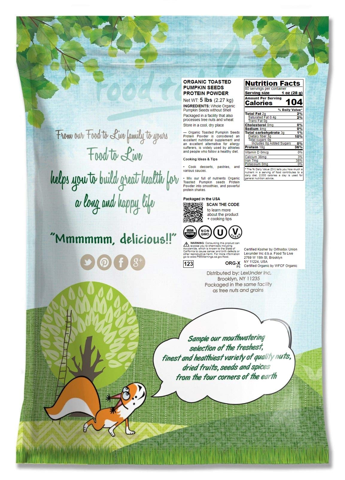 Food To Live Organic Toasted Pumpkin Seeds Protein Powder, 5 Pounds - 60% Protein, Non-Gmo, Pure, Plant Based,Vegan, Kosher, Bul