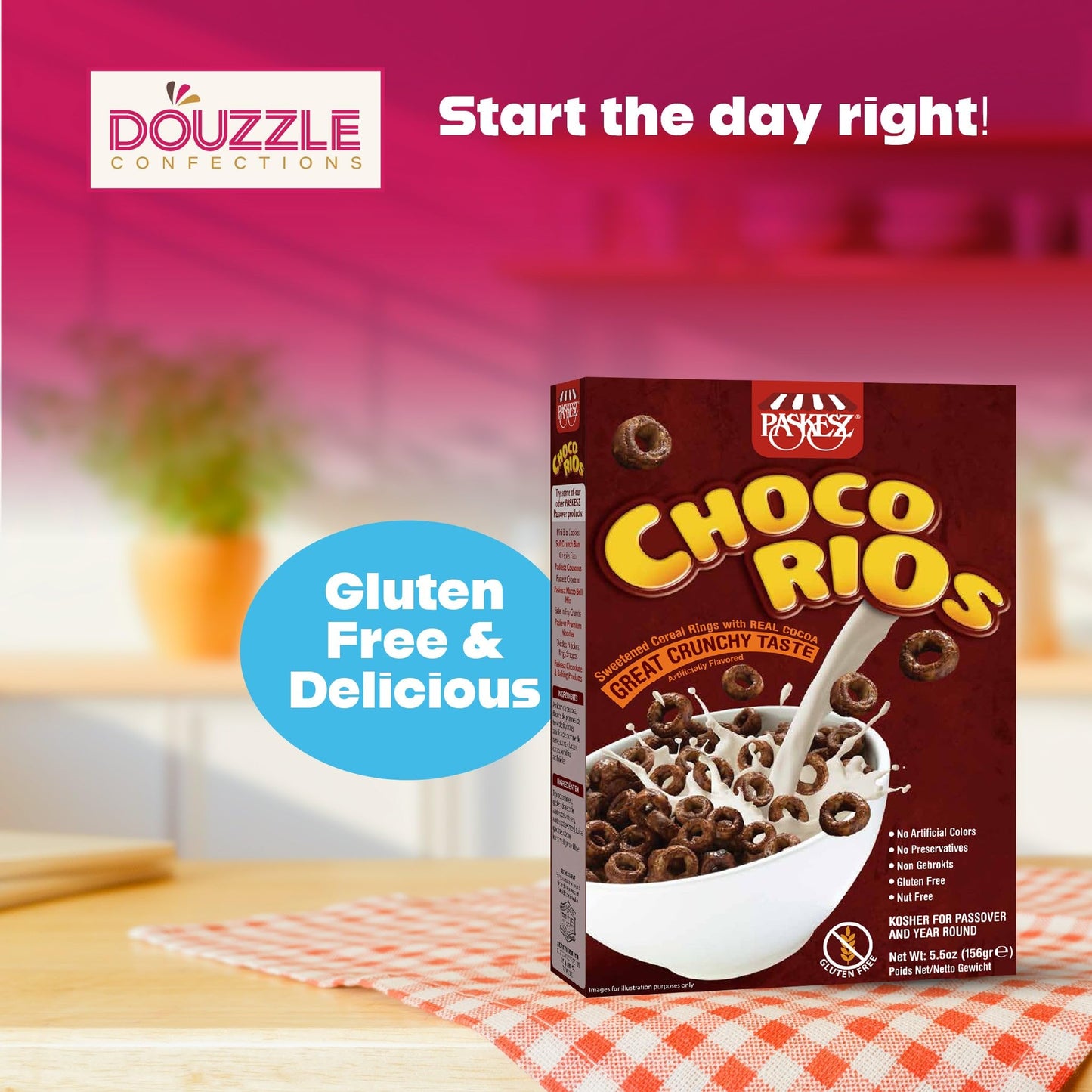 Douzzle Gluten Free Choco Rios Breakfast Cereal, Sweetened Cocoa Rings (Pack Of 1) Non Gebrokts Kosher For Passover Food Snacks