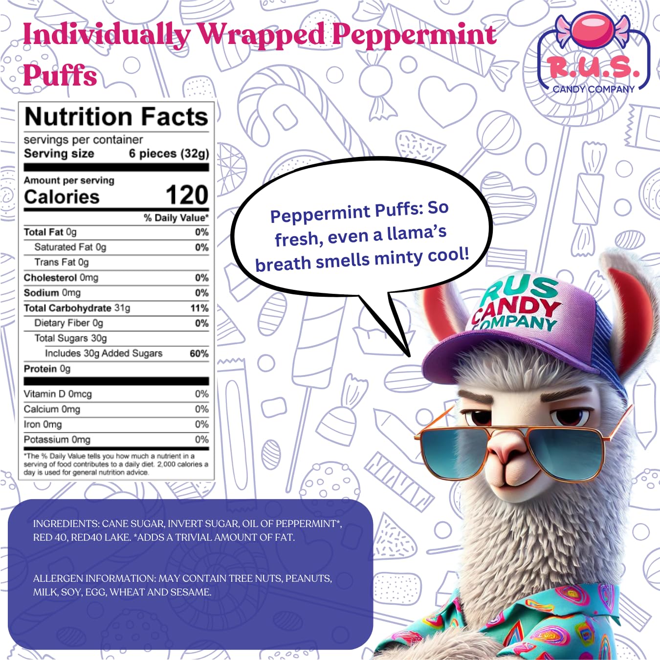 R.U.S. Candy Company Peppermint Puffs Candy - 2 Pound Bag - Refreshing Soft Mint Candy Perfect For Parties And Holiday Celebrati