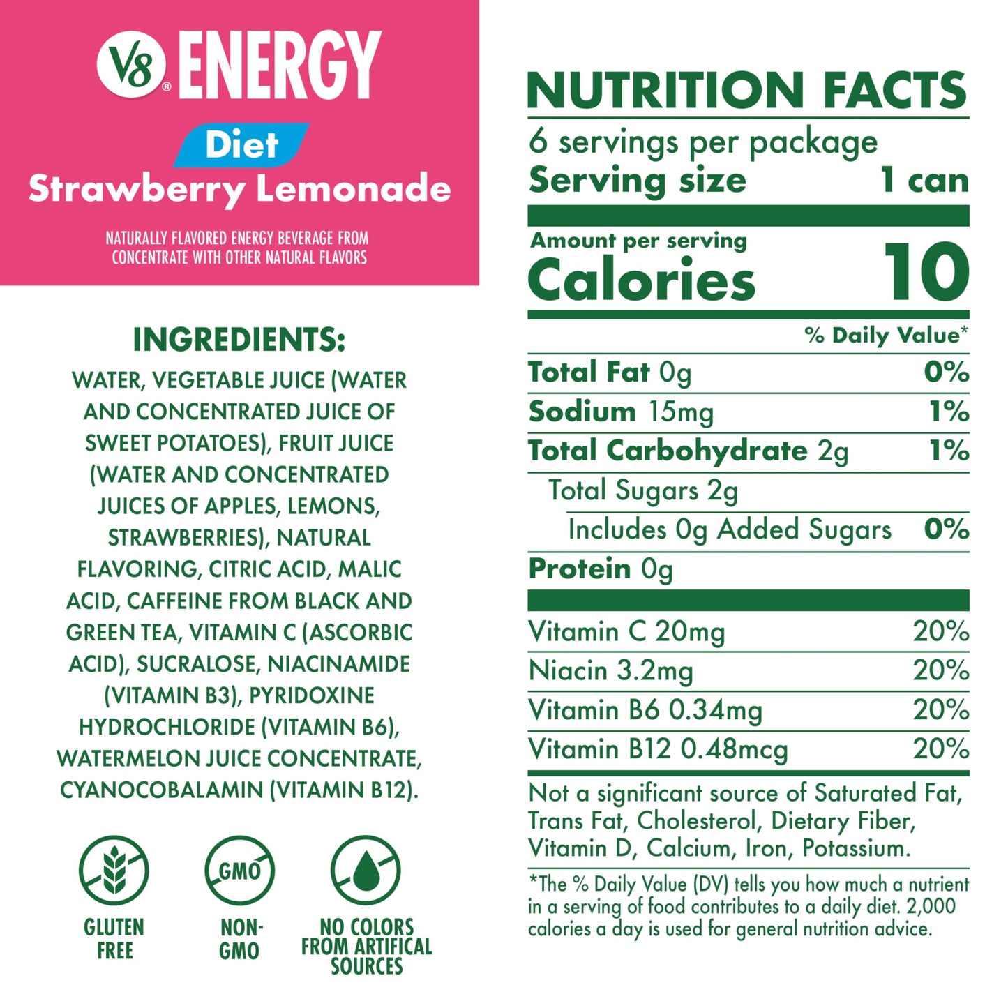 V8 Energy Diet Strawberry Lemonade Juice Drink, 8 fl oz Can, Pack of 24, Model 200000020355