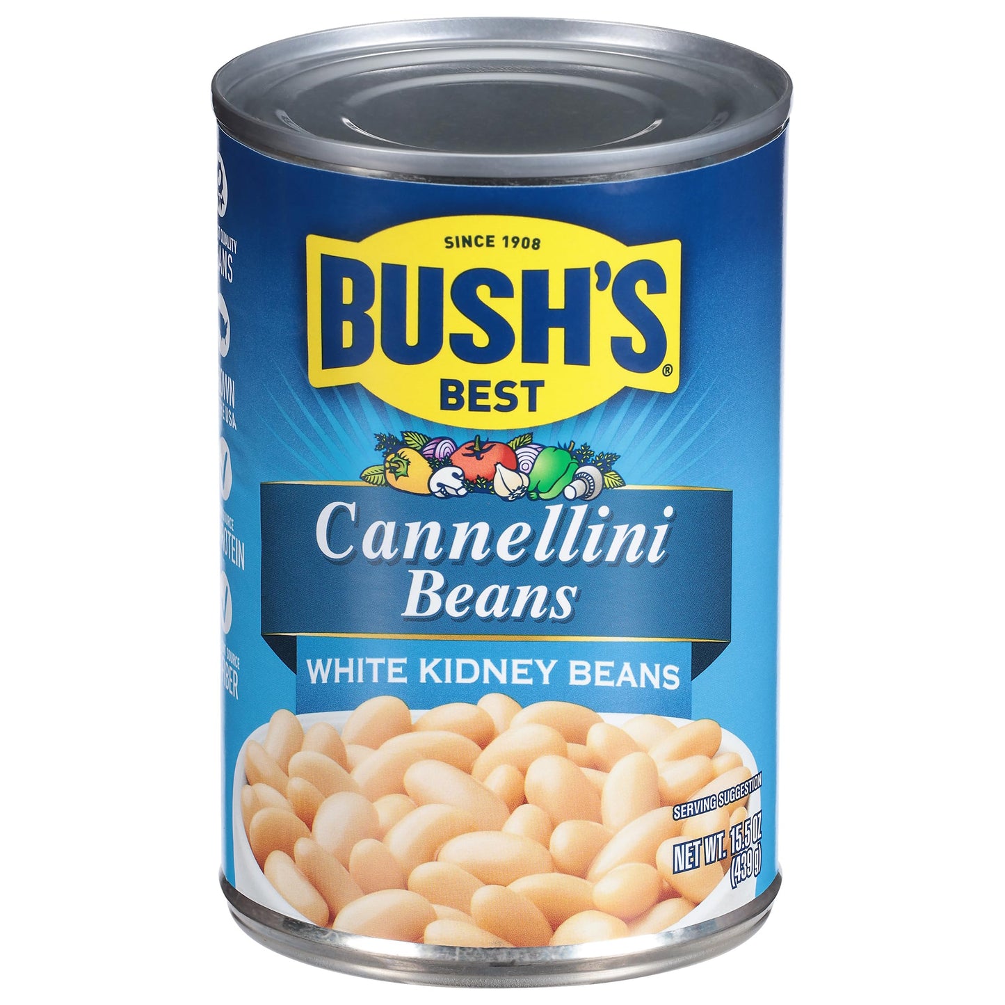 BUSH S BEST 15.5 oz Canned Cannellini Beans, Source of Plant Based Protein and Fiber, Low Fat, Gluten Free, (Pack of 12)
