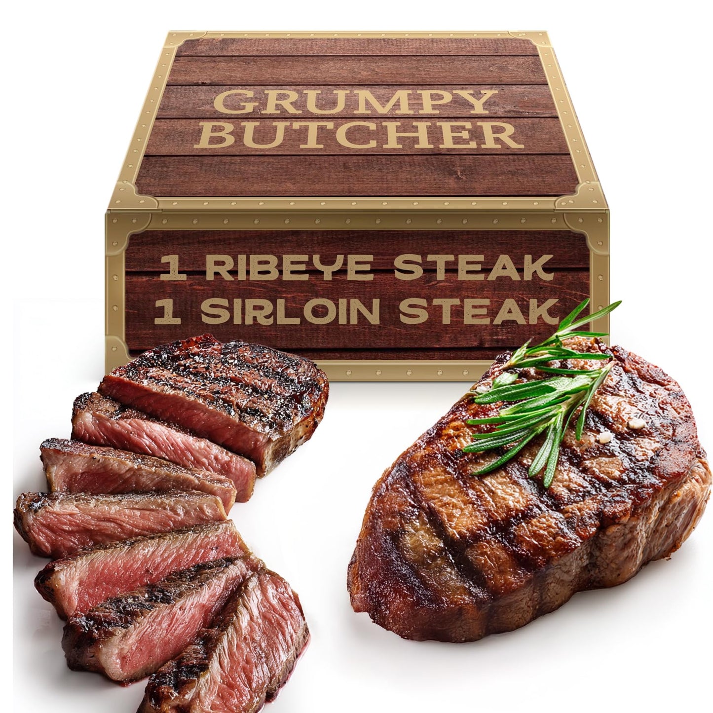 Grumpy Butcher 2-Steak Sampler Gift Basket For Men – 1 Ribeye Steak (14 Oz) & 1 Top Sirloin (6 Oz) – Gourmet Steakhouse Gift, Elegantly Packaged