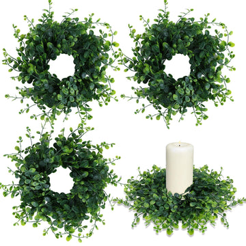 4 Pcs Candle Rings Wreaths 3 Inch Wedding Candle Rings Pillars Candle Wreath Kitchen Cabinet Wreaths Mini Green Boxwood Candle W