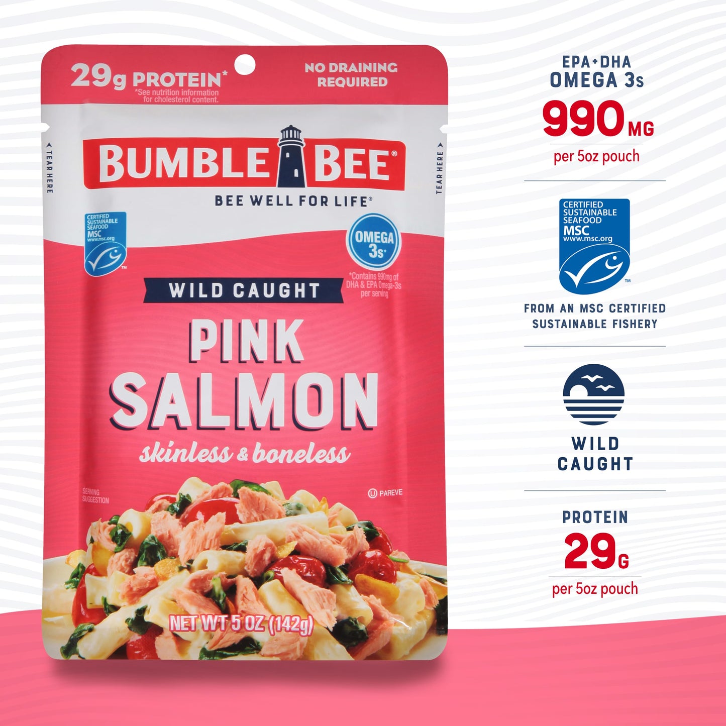 Bumble Bee Skinless & Boneless Pink Salmon, 5 oz Pouch (Pack of 12) - 29g Protein, Gluten Free, Kosher, MSC Certified