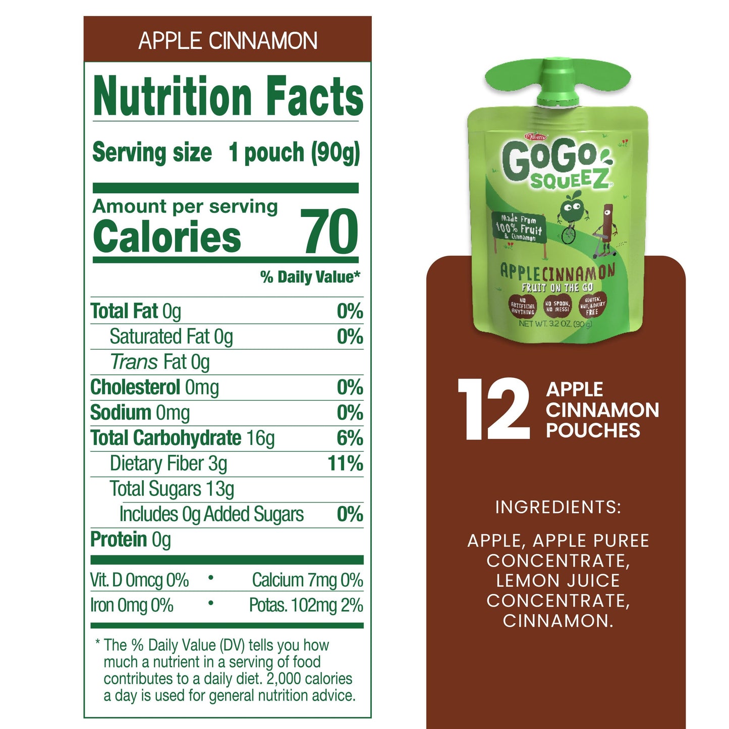 GoGo squeeZ Fruit on the Go  Apple Cinnamon  3.2 oz (Pack of 12)  Unsweetened Fruit Snacks for Kids  Gluten Free  Nut Free and Dairy Free  Recloseable Cap  BPA Free Pouches