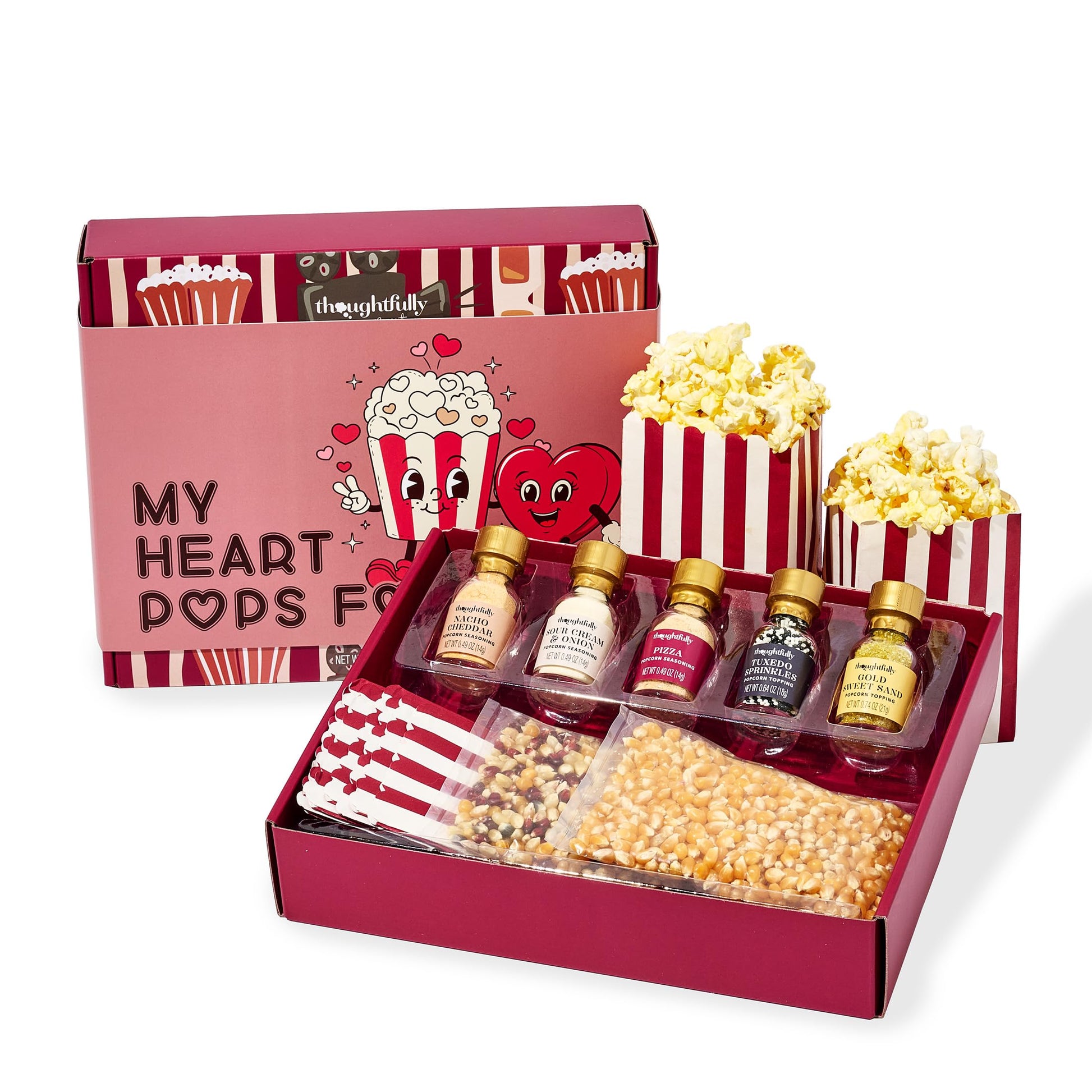 Thoughtfully Gourmet, Valentines Movie Night Popcorn Gift Set, Includes Yellow & Mixed Popcorn Kernels, 10 Popcorn Bags, 5 Gourm