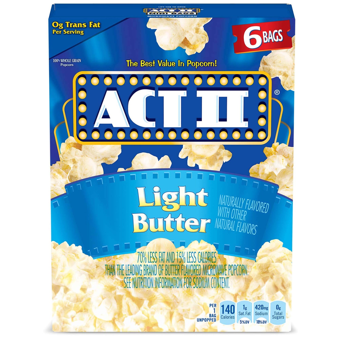 ACT II Light Butter Microwave Popcorn, 6 Bags, 2.75 Ounce Each, Pack of 6