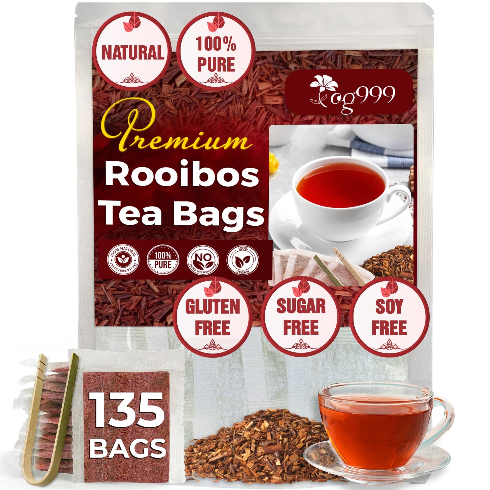 TOG999 Premium Red Rooibos Tea Bags, 100% Natural, Caffeine-Free, 120 Bags