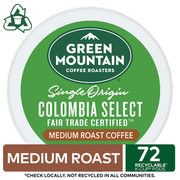 Green Mountain Coffee Roasters Colombia Select Keurig Single-Serve K-Cup Pods, Medium Roast Coffee, 72 Count (6 Packs Of 12)