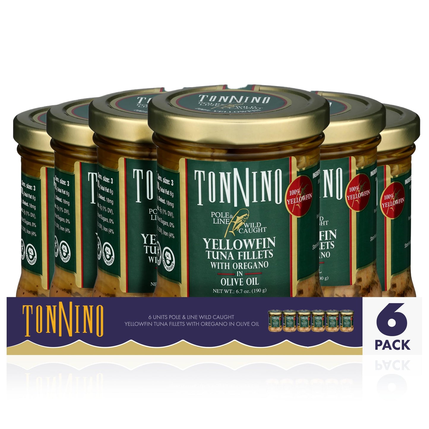 Tonnino Tuna Fish Yellowfin Pole&Line - Oregano - Pack of 6 - Alternative to Salmon - Protein Snacks - Ready to Eat Meals in Jar