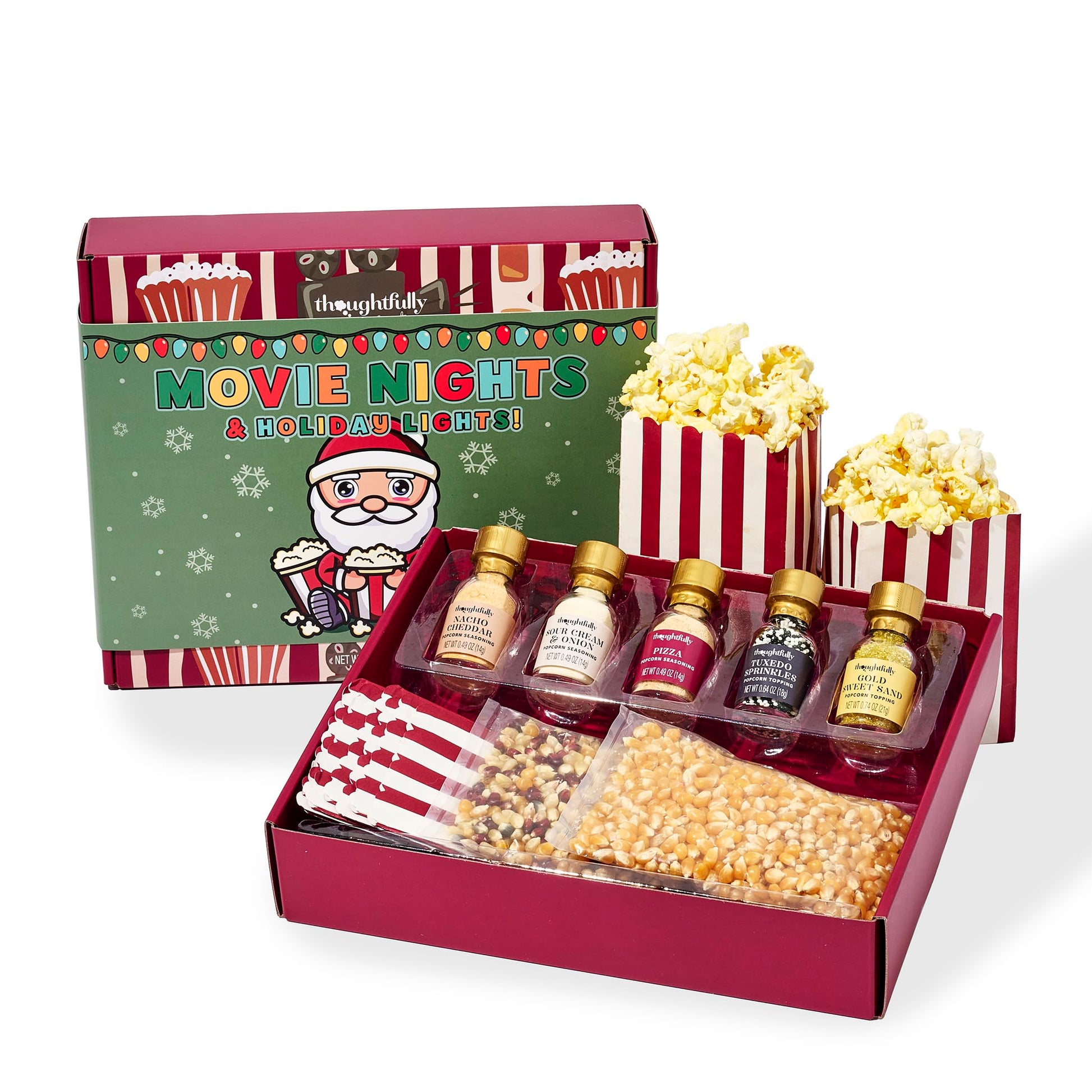 Thoughtfully Gourmet, Movie Night Popcorn Set with Holiday Band, Includes Yellow & Mixed Popcorn Kernels, 10 Popcorn Bags, 5 Gou