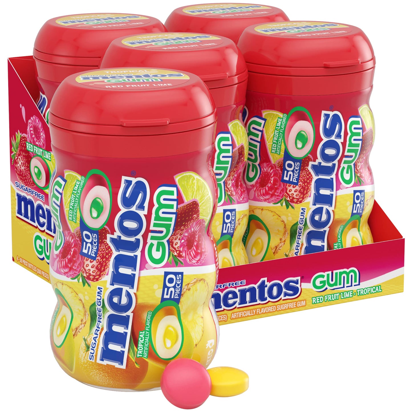 Mentos Sugar-Free Chewing Gum, Tropical, Red Fruit And Lime, 50 Piece Bottle (Pack Of 4 Bottles)