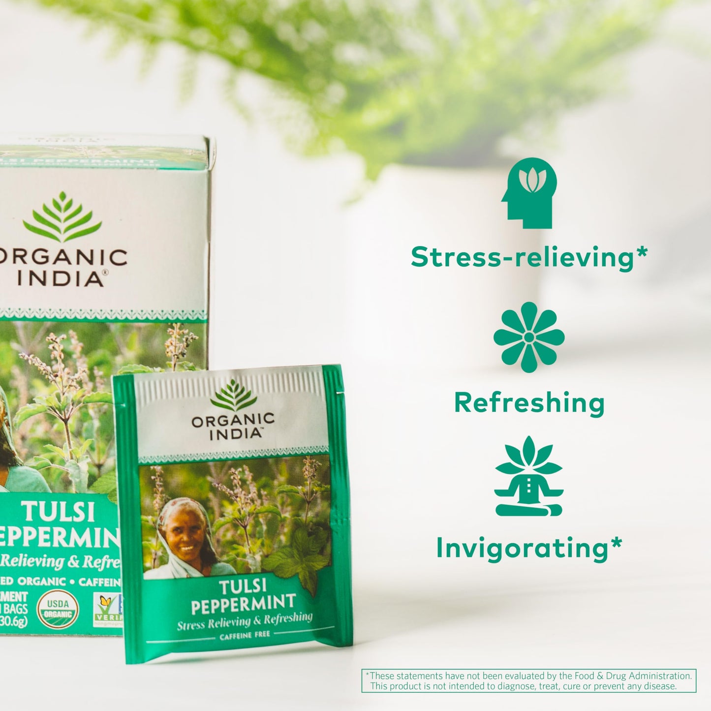 ORGANIC INDIA Tulsi Peppermint Tea - Caffeine Free Herbal Mint - 18 Infusion Bags, 3 Pack - Vegan, USDA Organic, Fairtrade
