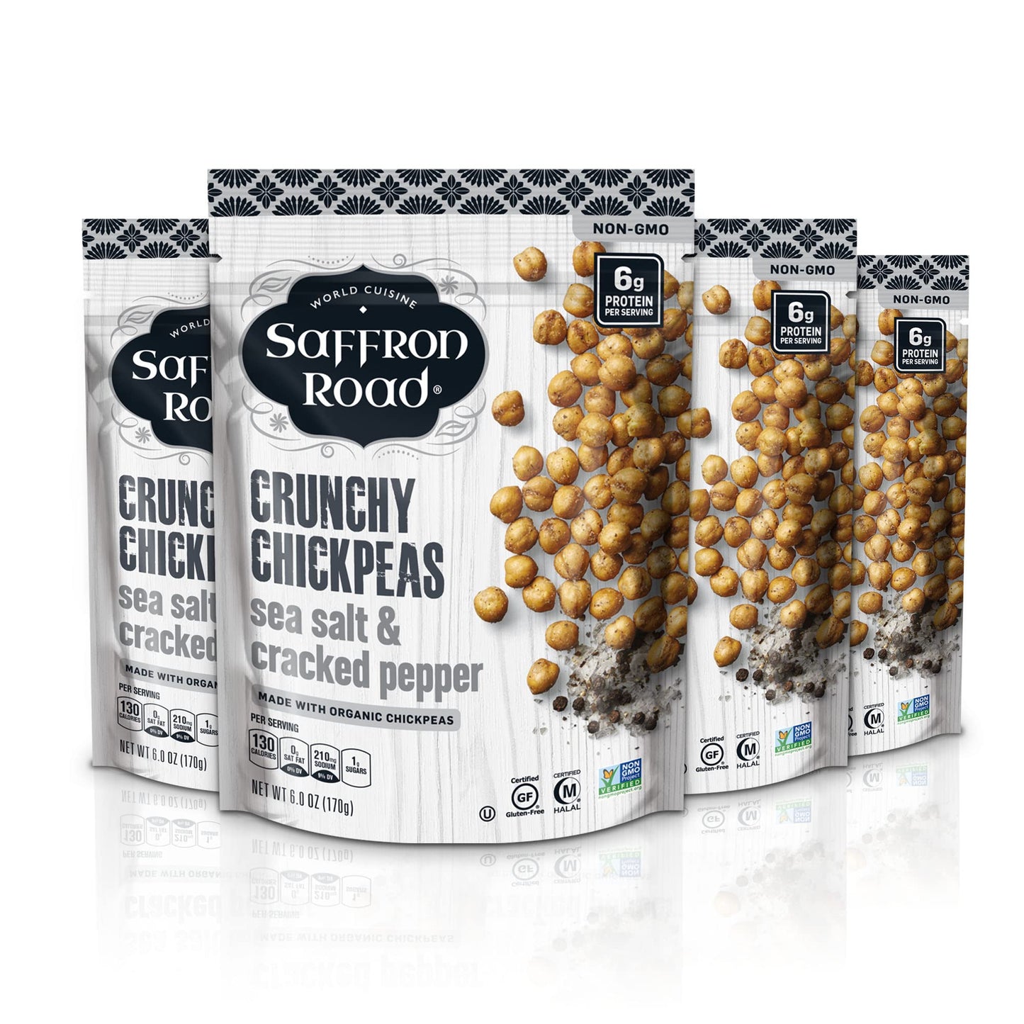 Saffron Road Organic Crunchy Chickpea Snacks-Gluten Free Non-Gmo Halal Kosher Vegan - (Sea Salt And Cracked Pepper 6 Oz (4 Pack)