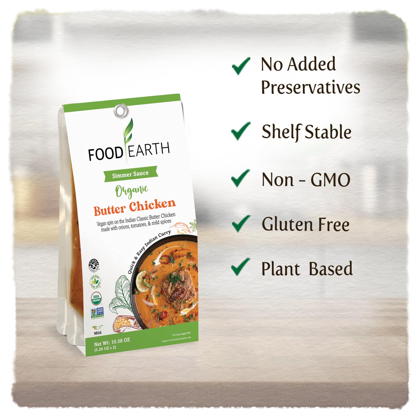 Food Earth Indian Simmer Sauce - Butter Chicken - Organic, Vegan, Gluten-Free, Gmo-Free - Microwavable Cooking Sauce - 12 Pouche