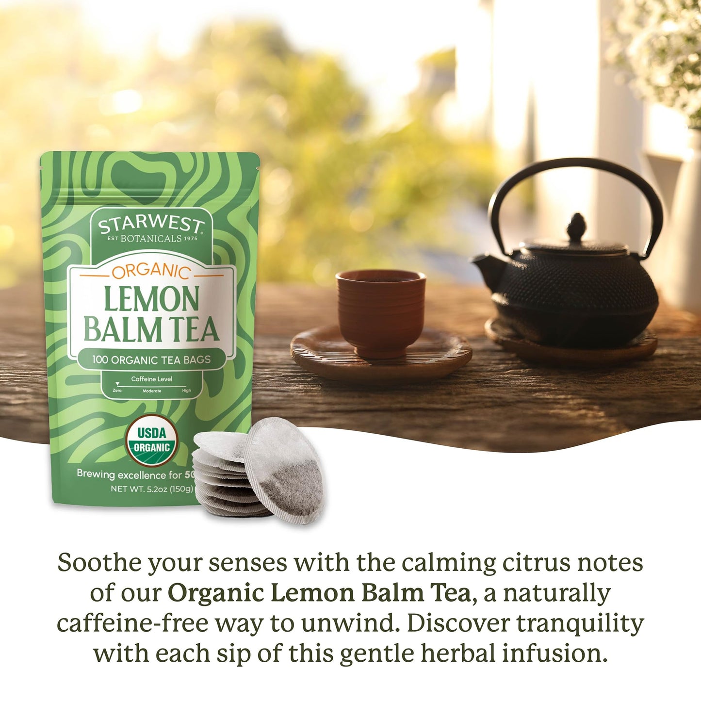 Starwest Botanicals Organic Lemon Balm Leaf Tea - Calming Herbal Tea for Women & Men  Caffeine Free  USDA Organic Lemon Balm Leaf  String Free Sachets  Non GMO - Bulk Pack  100 Tea Bags