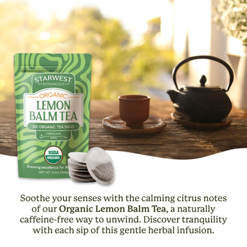 Starwest Botanicals Organic Lemon Balm Leaf Tea - Calming Herbal Tea for Women & Men  Caffeine Free  USDA Organic Lemon Balm Leaf  String Free Sachets  Non GMO - Bulk Pack  100 Tea Bags