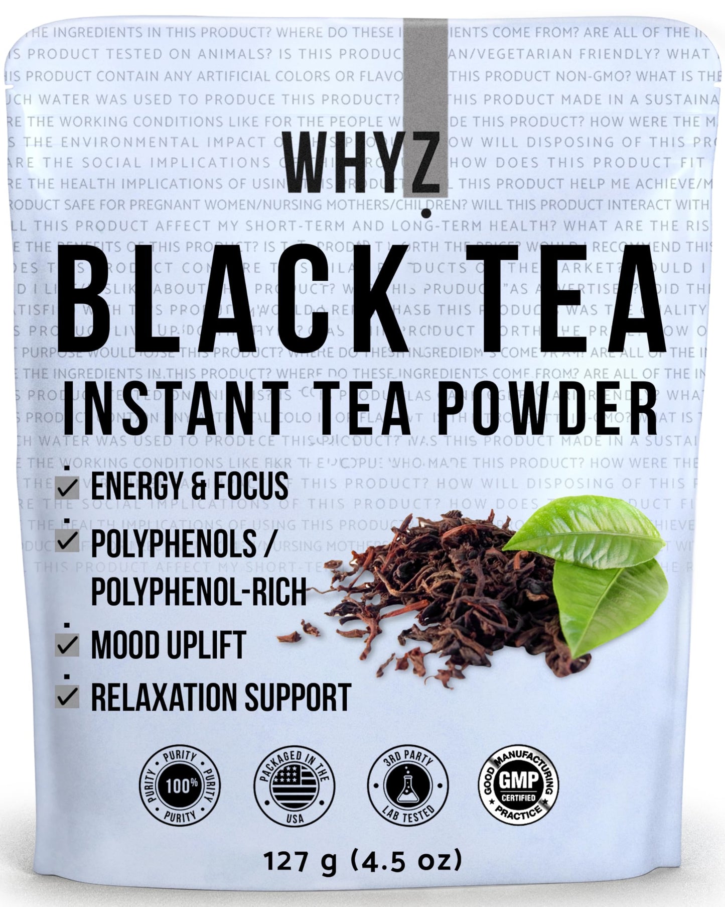 WHYZ Instant Black Tea Powder, 4.5 oz, Unsweetened Iced Tea Concentrate from Real Black Tea Leaves, Instant Tea Powder for Hot &