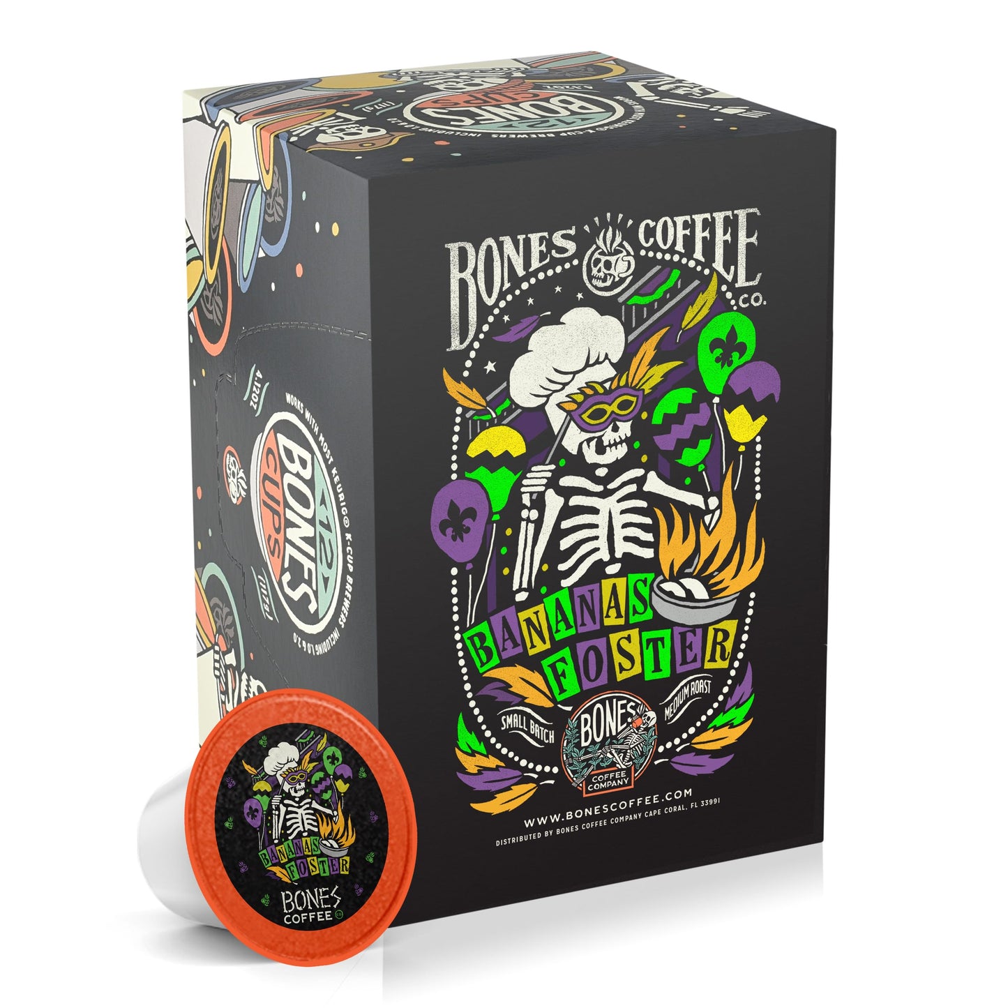 Bones Coffee Company Flavored Coffee Bones Cups Bananas Foster Flavored Pods | 12ct Single-Serve Coffee Pods Compatible with Keu
