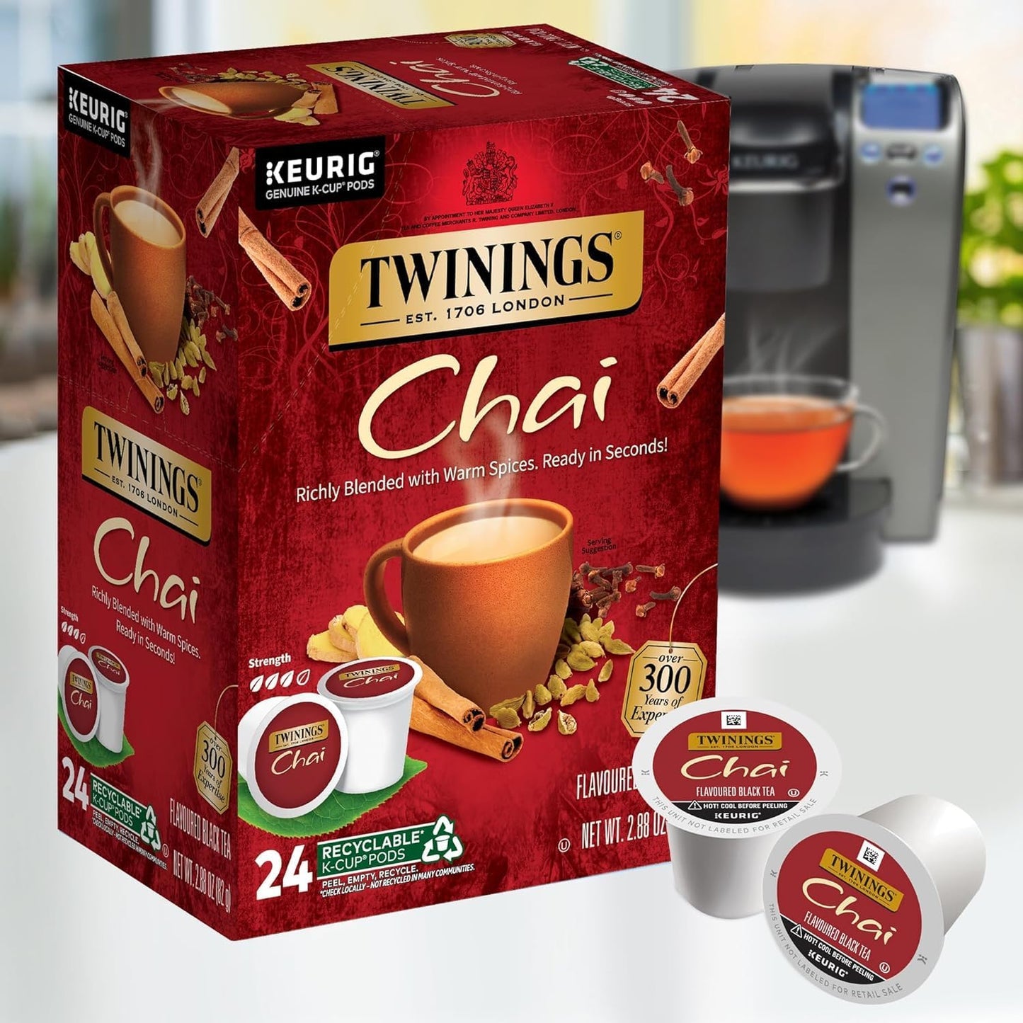 Twinings Chai Black Tea K-Cup Pods, Naturally Sweet & Savory, 24 Count (Pack of 2), Caffeinated, 0.12 Ounce Each