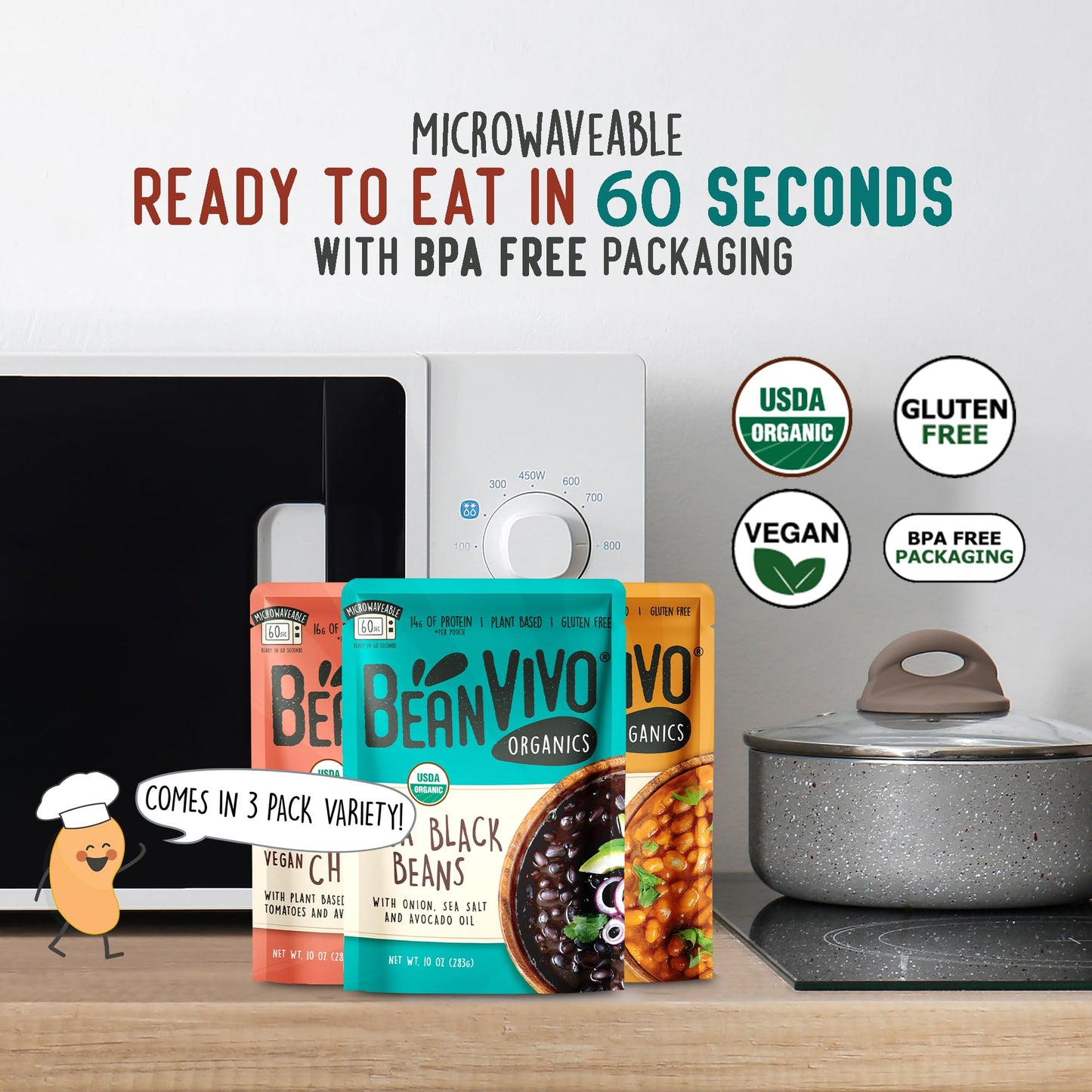 Beanvivo - Variety 3 Pack (10 Oz Each) - Organic Baja Black Beans, Three Bean Chili, Bbq Pinto Beans - Seasoned & Ready To Eat,
