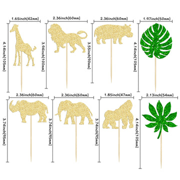 Gyufise 24Pcs Gold Jungle Safari Animal Cupcake Toppers Green Leaf Safari Jungle Wild Animals Cupcake Picks For Jungle Theme Bab