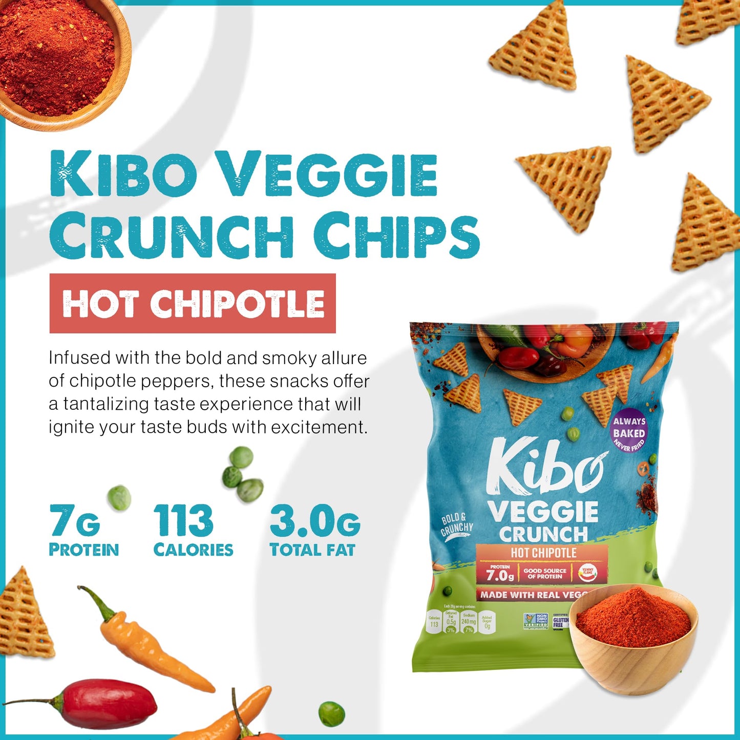 Kibo Veggie Chips Hot Chipotle Flavor, Plant-Based Protein, Gluten-Free, Non-Gmo, Vegan-Friendly, 3D Triangles, Flaming Hot 12 P