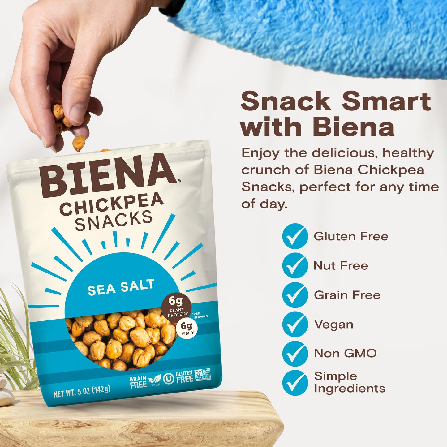 BIENA Chickpea Snacks - Crunchy Roasted Chickpeas - High Fiber Vegan Protein - 8-Pack, 5 Ounce Bags, Sea Salt