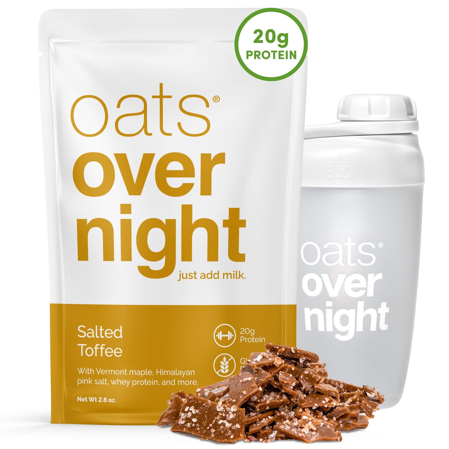 Oats Overnight Salted Toffee Overnight Oats with 20g Protein, Gluten Free, 2.8 oz (Pack of 8 + Bottle)