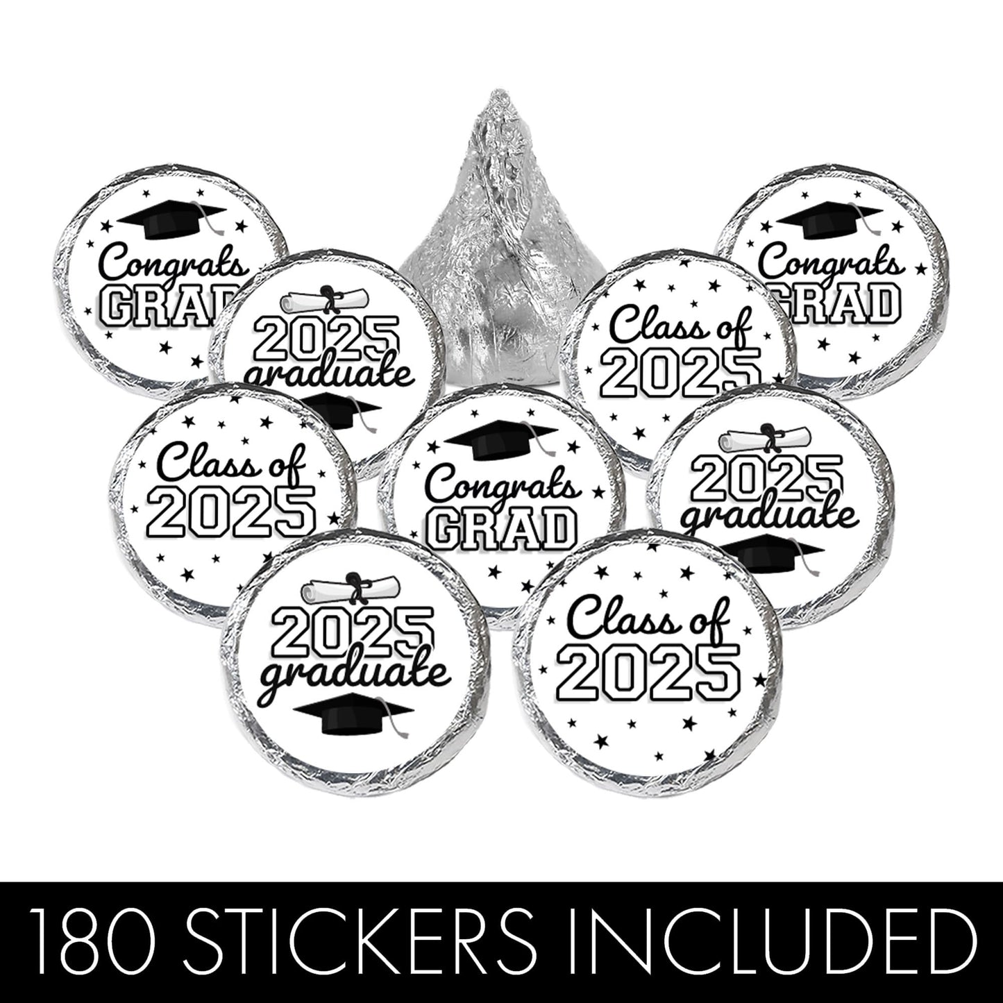 Black And White Graduation Candy Stickers For Kisses Chocolate Drops, Class Of 2025 Grad Party Favors Decorations - 180 Labels,
