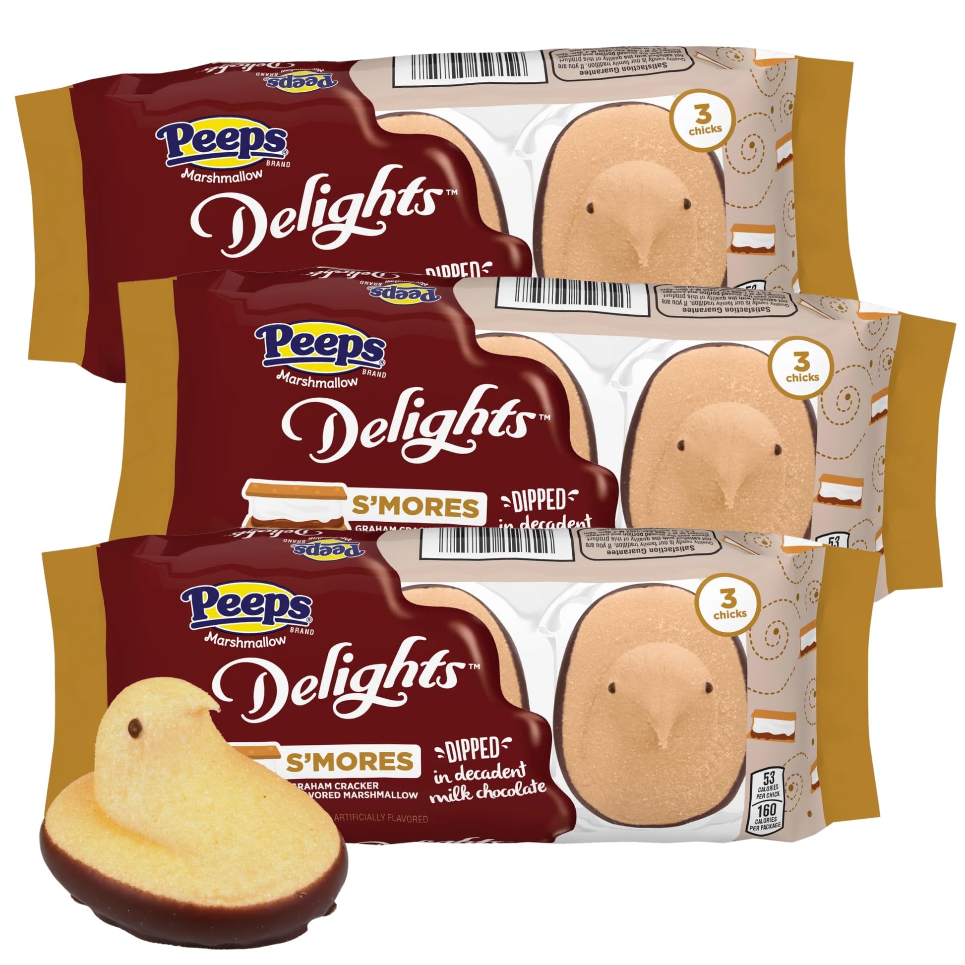 Peep Delights Smores, Chocolate Dipped Marshmallow Chicks, Classic Easter Basket Stuffers, 3 Count, 1.5 Ounces (Pack of 3)