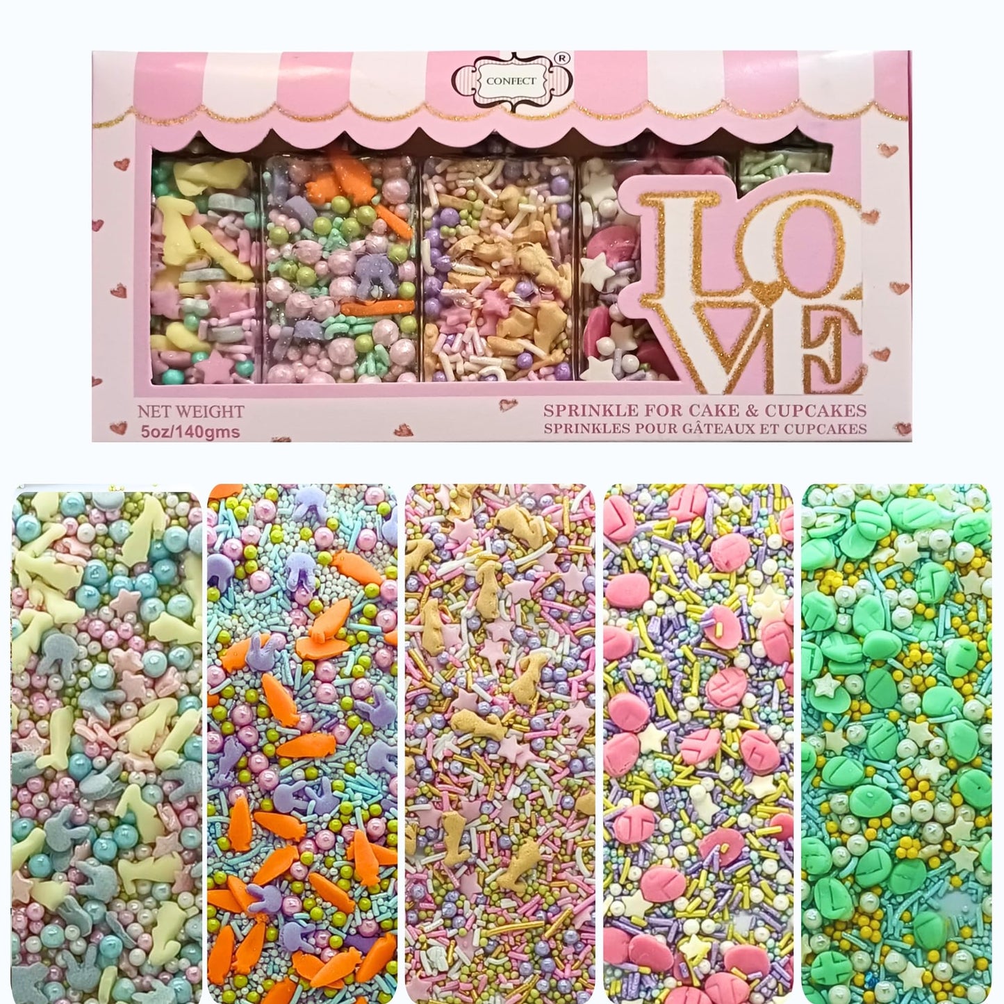 Confect Edible Sprinkles - Assorted 5-Pack | Easter & Baby Shower Cake Decorations | Green & Pink Sprinkles, Bunny Mix, Yellow &