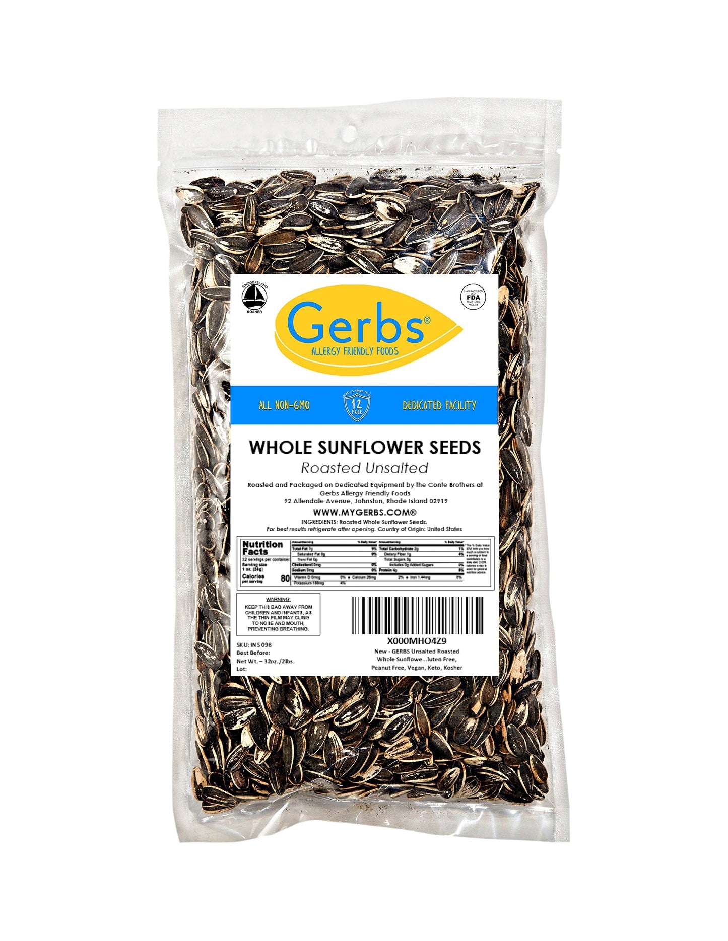 GERBS Dry Roasted Unsalted Whole Sunflower Seeds - Non-GMO, Allergen-Free, 2 Pound Pack